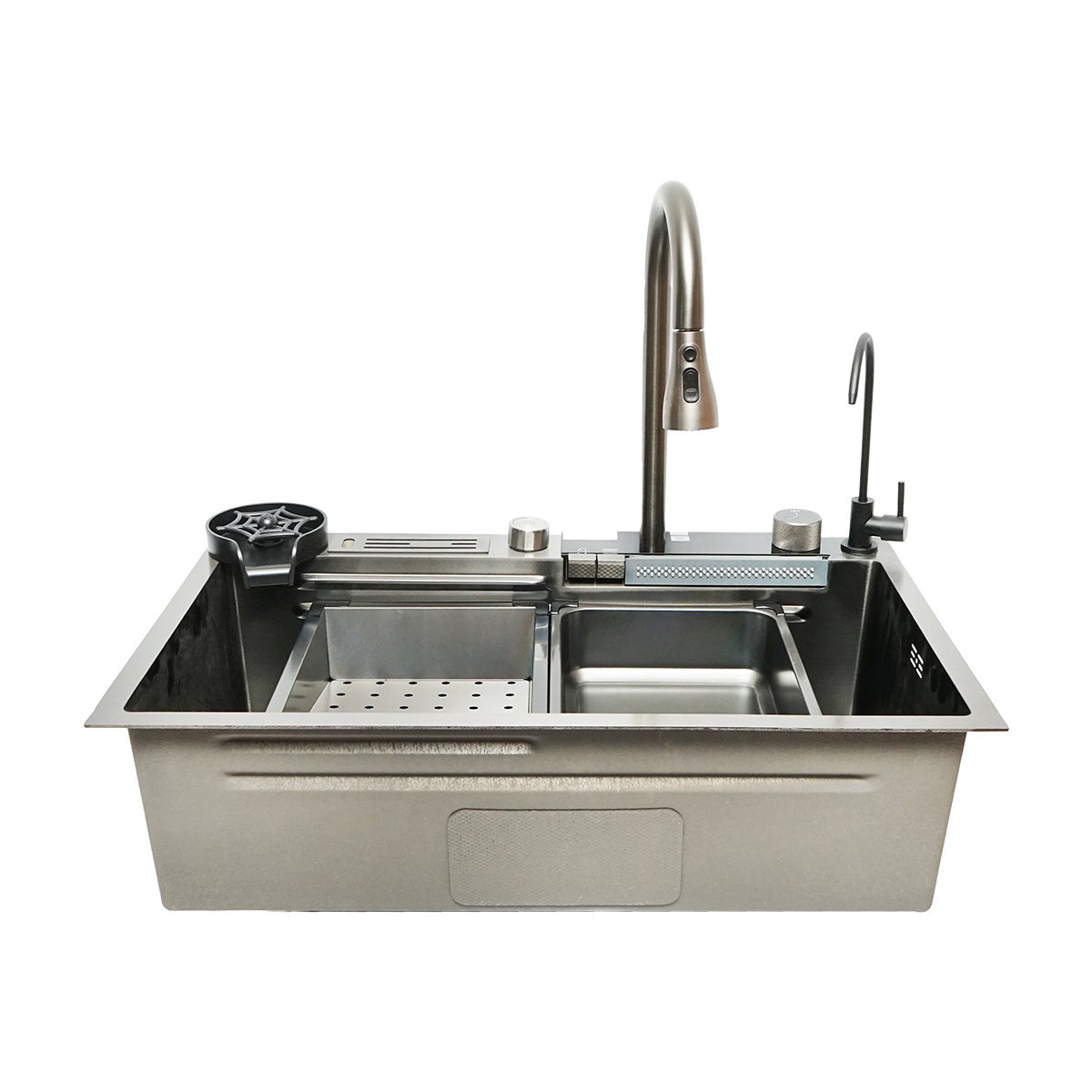 Chiuveta bucatarie multifunctionala cu doua baterii, otel inoxidabil, afisaj digital temperatura, doua cascade, spalator pahare, scurgator, tava, tocator si accesorii scurgere incluse, dimensiune 75x46x23.5cm